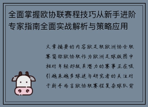 全面掌握欧协联赛程技巧从新手进阶专家指南全面实战解析与策略应用