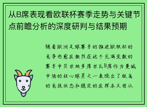 从B席表现看欧联杯赛季走势与关键节点前瞻分析的深度研判与结果预期
